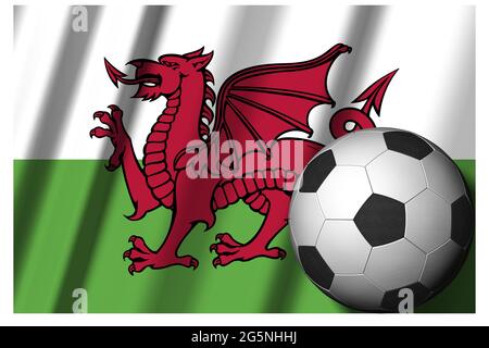 Wales. National flag with soccer ball in the foreground. Sport football - 3D Illustration Stock Photo