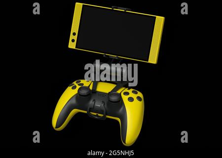 Realistic yellow joystick for playing games on mobile phone on black background Stock Photo