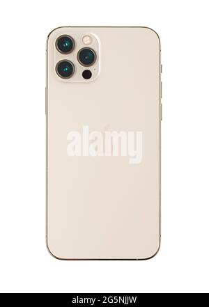 Chisinau, Moldova - May 11, 2021: New iPhone 12 pro  Gold color by Apple Inc.  back side iphone isolated on white Stock Photo