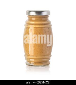 bbq mustard sauce in glass jar isolated on white with clipping path Stock Photo