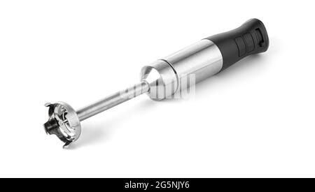 Immersion Hand Blender Isolated on White. Stainless Steel Hand Held Stick Blender. Modern Kitchen Blade Grinder. Electric Kitchen Small Appliances. Stock Photo