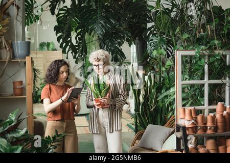 Young woman using digital tablet while examining the new kind of plant together with her colleague in the garden Stock Photo