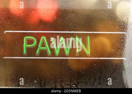 Vintaeg Neon Pawn Shop Signage Green Neon Stock Photo