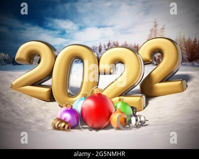 New year 2022 text on the snow with Christmas baubles. 3D illustration.