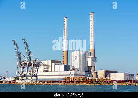 Le Havre, France - June 13, 2021: General view of the EDF coal-fired power station, located in the port of Le Havre, put into service in 1968 and defi Stock Photo