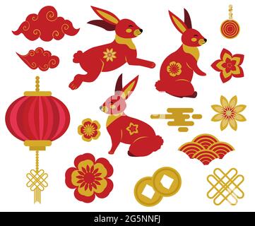 Chuseok, Mid autumn festival set of Chinese style design element with rabbit, clouds, lanterns. Year of the rabbit, chinese horoscope clip art. Vector