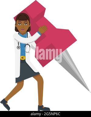 Asian Doctor Woman Holding Thumb Tack Pin Mascot Stock Vector