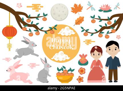 Happy Chuseok set of objects. Mid autumn festival collection of design elements with persimmon, rabbits, moon. Korean Thanksgiving and Harvest Stock Vector