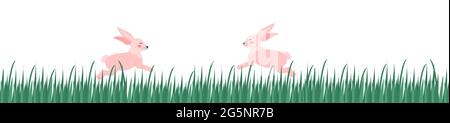 Rabbits on the green grass long banner. Chuseok or easter concept. Vector illustration Stock Vector