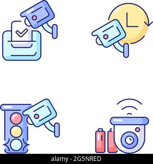Surveillance system RGB color icons set Stock Vector