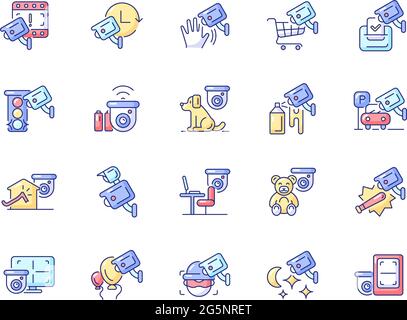 Surveillance and security systems RGB color icons set Stock Vector