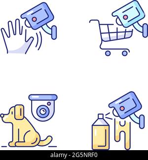 CCTV camera installation RGB color icons set Stock Vector