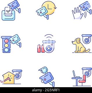 Surveillance camera usage RGB color icons set Stock Vector