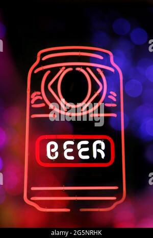Red Neon Beer Can Sign Stock Photo