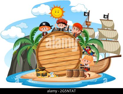 Pirate island with an empty banner isolated on white background illustration Stock Vector