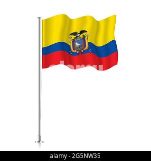 Ecuador flag waving on a metallic pole. The official flag of Ecuador, isolated on a white background. Stock Vector