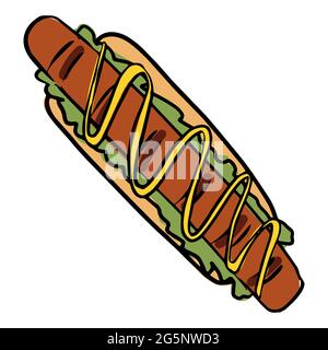 Hand drawn hotdog with mustard illustration colorful. Stock Vector