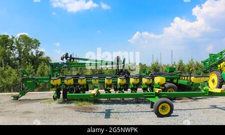 Kyiv, Ukraine - June 28, 2020: Large modern high-precision seeder JOHN DEERE Maxemerge-Xp at road at Kyiv, Ukraine on June 28, 2020. Agricultural machinery at Ukraine. Stock Photo