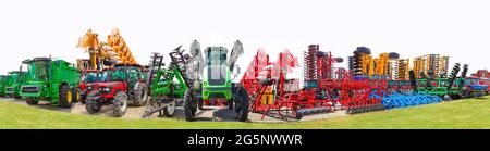 Collage about farm, agriculture, farming. Concept of equipment readiness for agricultural work - for sowing and harvesting. Colorful tractors, cultivators, sprayers, disc harrows, combines Stock Photo