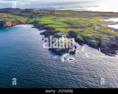 Aerial View of Fanad Head Lighthouse County Donegal Lough Swilly and Mulroy Bay. Stock Photo