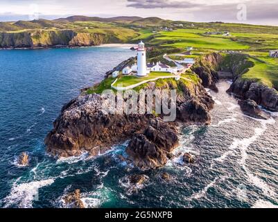 Aerial View of Fanad Head Lighthouse County Donegal Lough Swilly and Mulroy Bay. Stock Photo