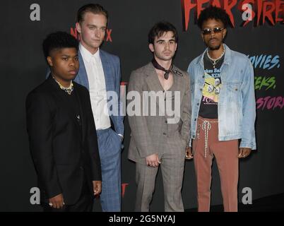 Los Angeles, USA. 28th June, 2021. (L-R) Benjamin Flores Jr., McCabe Slye, Ted Sutherland and Darrell Britt-Gibson arrives at the FEAR STREET TRILOGY Premiere held at the LA State Historic Park in Los Angeles, CA on Monday, ?June 28, 2021. (Photo By Sthanlee B. Mirador/Sipa USA) Credit: Sipa USA/Alamy Live News Stock Photo