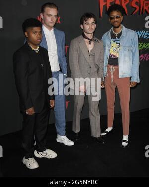 Los Angeles, USA. 28th June, 2021. (L-R) Benjamin Flores Jr., McCabe Slye, Ted Sutherland and Darrell Britt-Gibson arrives at the FEAR STREET TRILOGY Premiere held at the LA State Historic Park in Los Angeles, CA on Monday, ?June 28, 2021. (Photo By Sthanlee B. Mirador/Sipa USA) Credit: Sipa USA/Alamy Live News Stock Photo