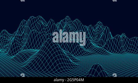 Wireframe landscape design on blue background. Technology grid. Stock Vector