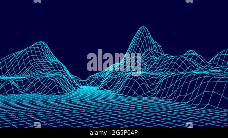 Wireframe landscape design on blue background. Technology grid. Stock Vector