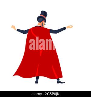 Magician Showman. Young male entertainer, presenter or actor wearing suit, red cloak and top hat on stage. Back, arms to sides. Cartoon character man Stock Vector
