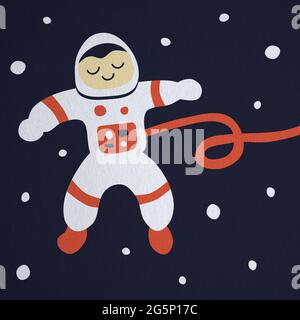 A cute astronaut cartoon floating in the deep blue space flat bold style illustration Stock Photo