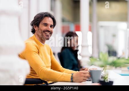 Bearded office worker sitting in the desk smiling and using his laptop. There is a black business woman in the background. Stock Photo