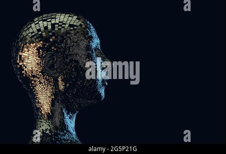 The head of cyborg over black background. 3d illustration. Technology and science abstract background Stock Photo
