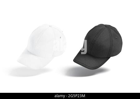 Blank black and white baseball cap mockup, no gravity Stock Photo