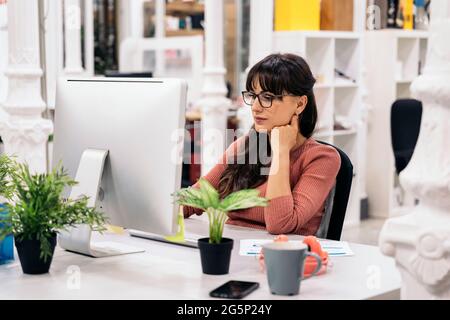 Focused office worker using computer and working in the office. Co-working concept. Stock Photo