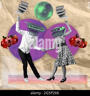 Contemporary art collage, modern design. Summer mood. Couple of dancers dancing isolated on multicolored abstract backgaround Stock Photo