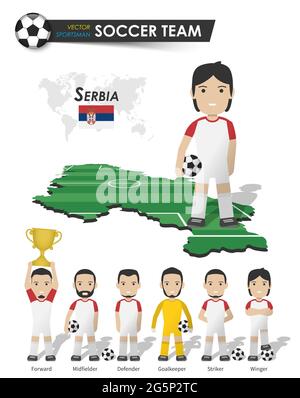 Serbia national soccer cup team . Football player with sports jersey stand on perspective field country map and world map . Set of footballer position Stock Vector