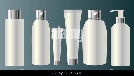 Set vector blank templates of empty and clean white plastic containers: bottles with spray and dropper, cream jar, tube. Realistic 3d mock-up of cosme Stock Vector