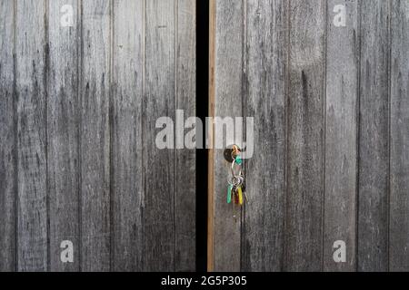 weathered oak textured garage doors Stock Photo
