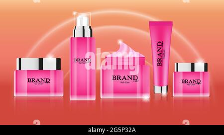 Cosmetics tubes mockup banner, natural beauty cosmetic product for face or body care on pink silk folded glossy textile background with pearls, bottle Stock Vector