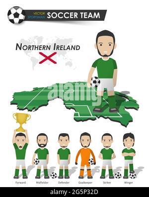 Northern ireland national soccer cup team . Football player with sports jersey stand on perspective field country map and world map . Set of footballe Stock Vector