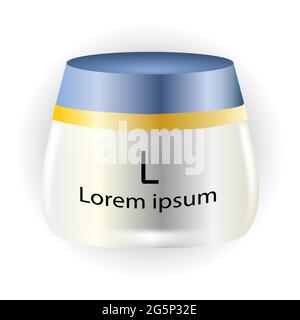 White realistic plastic cosmetic jar for cream. Isolated vector illustration. Round glossy bottle with golden stripe on the lid. Front view of packagi Stock Vector