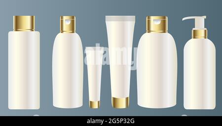 Set vector blank templates of empty and clean white plastic containers: bottles with spray and dropper, cream jar, tube. Realistic 3d mock-up of cosme Stock Vector