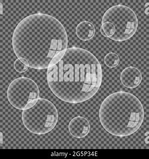 Set of realistic transparent colorful soap bubbles isolated on Transparent background. Vector texture. Stock Vector