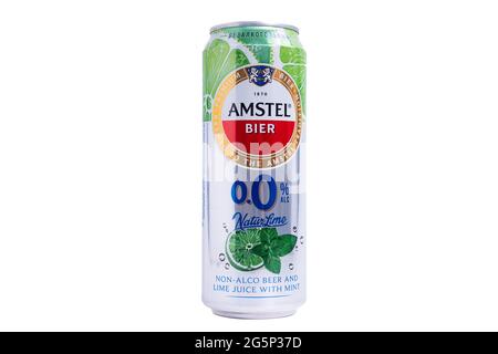 Tyumen, Russia-May 25, 2021: Amstel beer can isolated on white, non-alcoholic with lime and mint Stock Photo