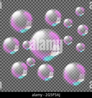 Set of realistic transparent colorful soap bubbles isolated on Transparent background. Vector texture. Stock Vector