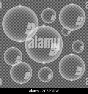 Set of realistic transparent colorful soap bubbles isolated on Transparent background. Vector texture. Stock Vector