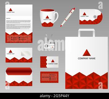 Corporate identity design template, business stationery mockup for company branding, red Stock Vector