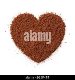 Brown cocoa powder in heart shape isolated on white background Stock Photo
