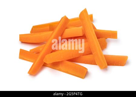 Heap of fresh raw healthy carrot sticks as a snack isolated on white background Stock Photo